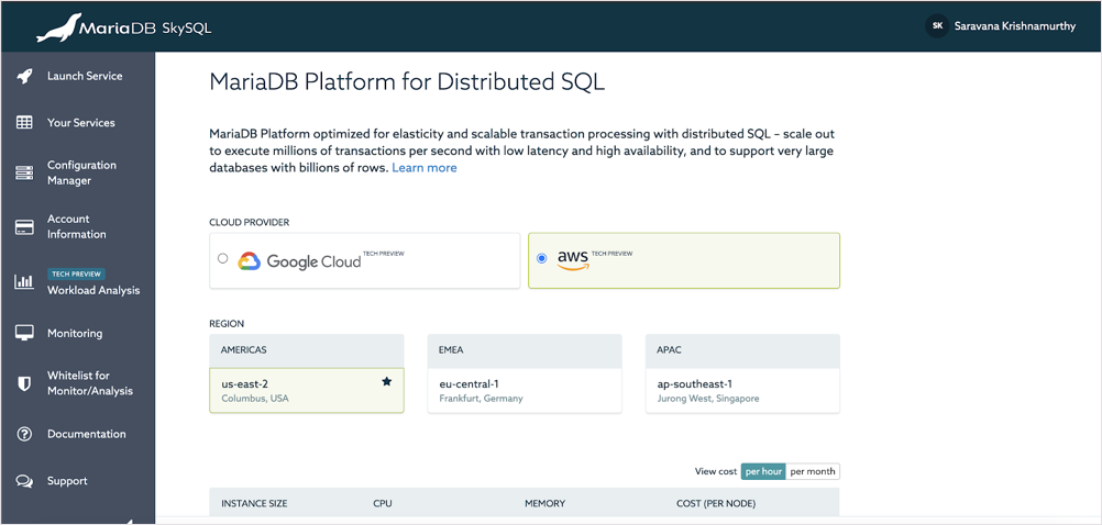 MariaDB SkySQL Interface