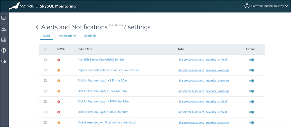 SkyQL Alert & Notification Settings