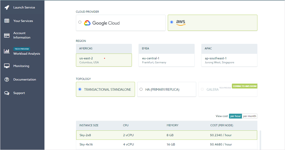 Deploy a service in SkySQL on GCP or AWS