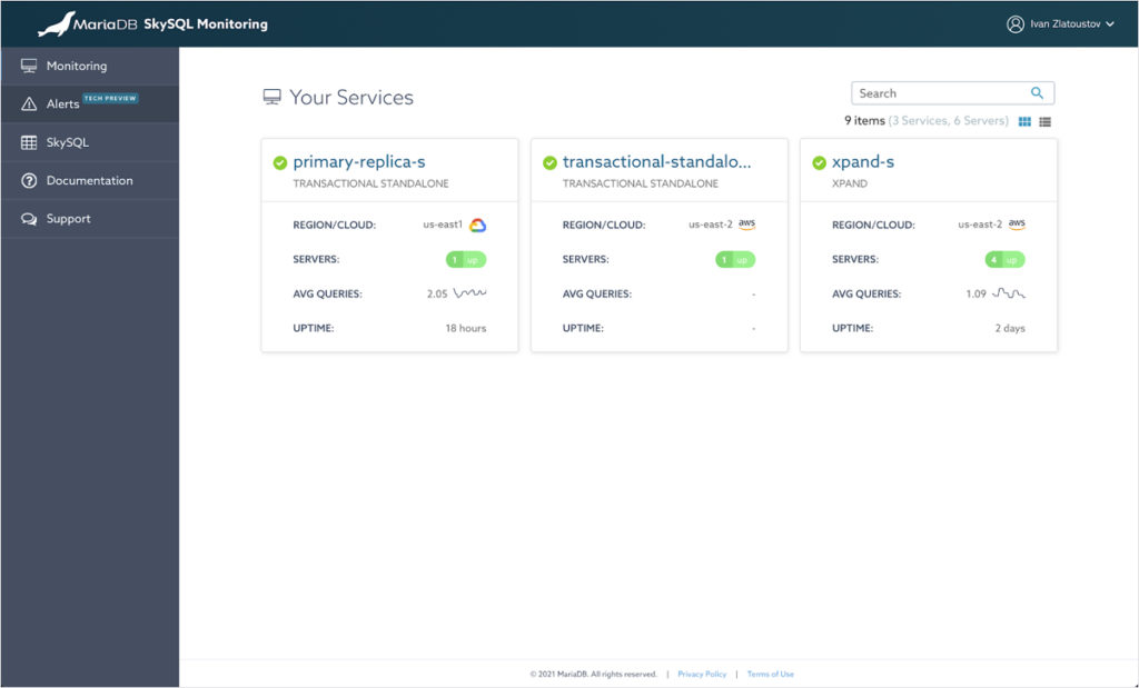 SkySQL monitoring interface