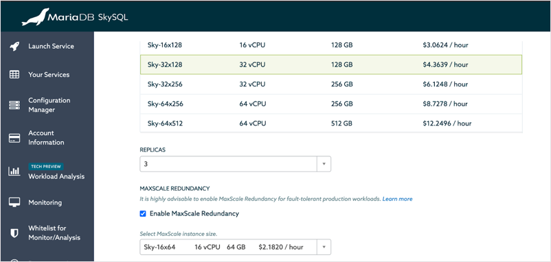 Launch a Transactions service with HA with 3 replicas and MaxScale redundancy