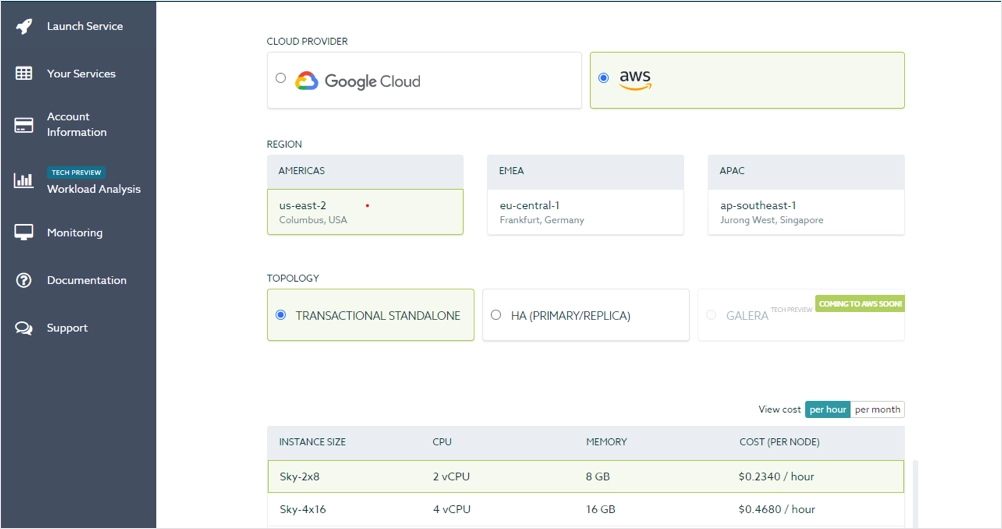 Deploy a service in SkySQL on GCP or AWS