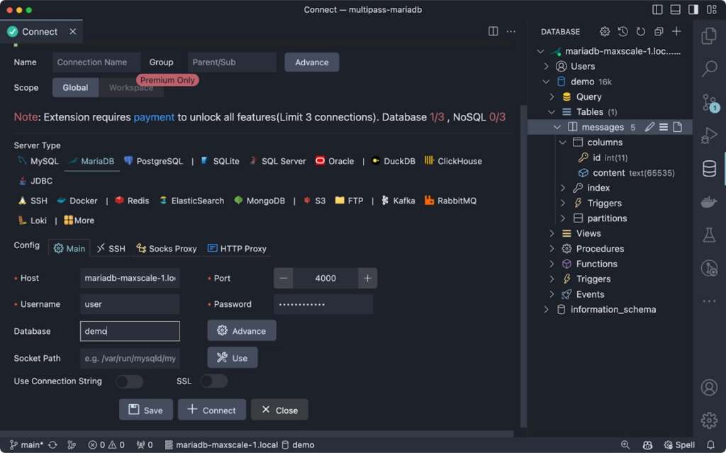 Connecting to MariaDB using VS code