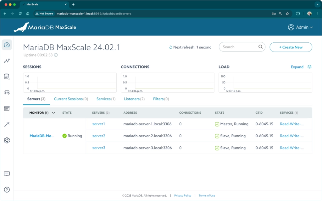 MaxScale GUI: configure a MariaDB cluster with three server nodes fronted by a MaxScale database proxy.
